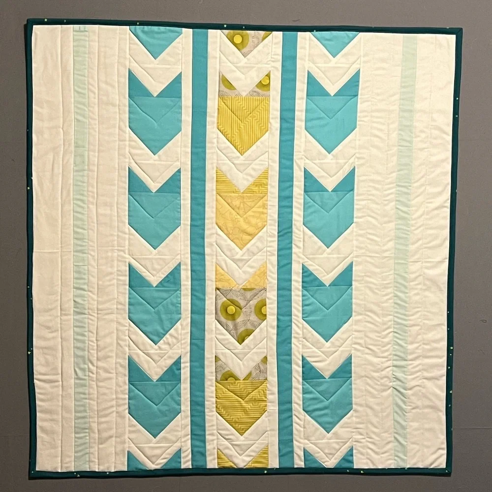 NWT handmade quilt white blue yellow arrows